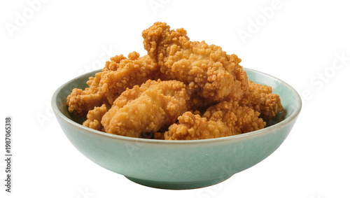 Fotografie Crispy golden fried chicken tenders piled high in a light blue ceramic bowl, iso