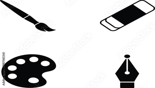 Art supplies brush palette eraser and pen nib icons