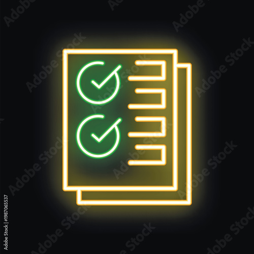 Neon icon of a checklist glowing green and yellow, representing completed tasks or a finished to do list