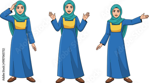 Vector Illustration of a Woman in a Blue Dress and Hijab Showing Various Gestures for Cultural, Diversity, and Communication Concepts