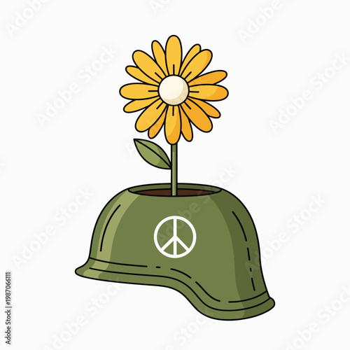 Anti War Concept Illustration with Sunflower in Military Helmet Vector