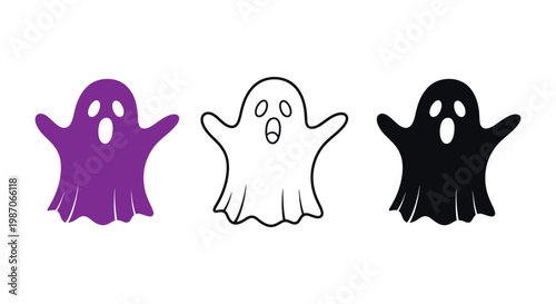 Ghost cartoon characters in purple, black, and white illustration styles