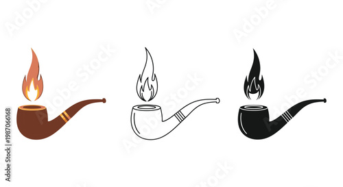 Pipe icon set with three different colored smoking pipes and flames