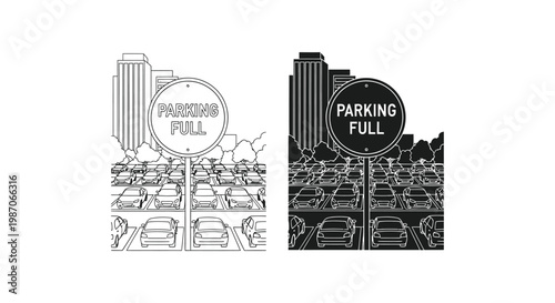 Parking sign illustration with full parking lot and cityscape background