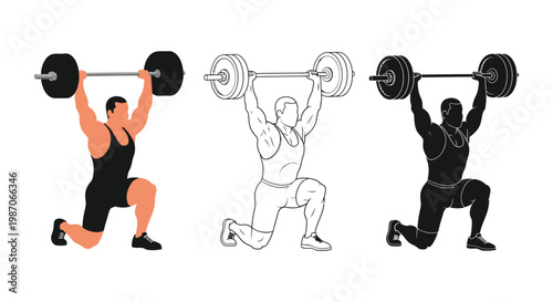 Weightlifter doing squats with barbell in different illustration styles and colors