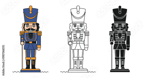 Soldier nutcracker toy in colorful illustration with black and white versions