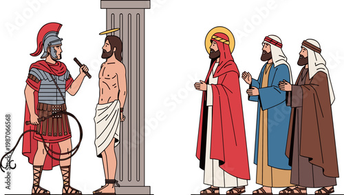 Vector Illustration of Biblical or Historical Scenes Depicting a Roman Soldier, Jesus Christ, and Disciples in Religious and Ancient Times Settings