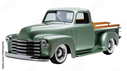 Foto Classic green pickup truck with wooden bed rails, isolated on transparent backgr