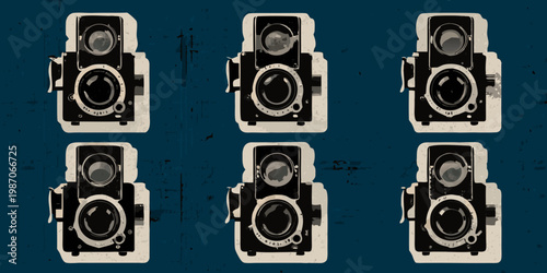 A repeating pattern of vintage twin lens reflex cameras on blue