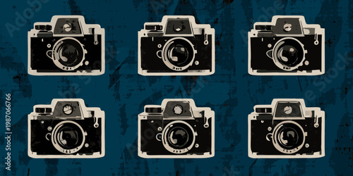 Vintage cameras arranged in a repeating pattern on a textured backdrop