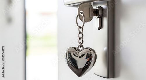A heart-shaped keychain hanging on a door lock with a chain