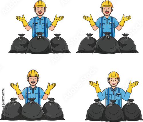Happy professional sanitation worker character wearing yellow hard hat and gloves standing behind large black trash bags vector illustration