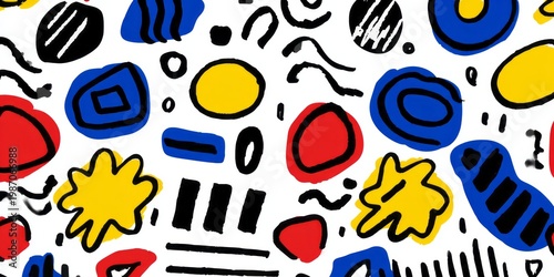 Colorful abstract shapes and lines create a playful, modern pattern.