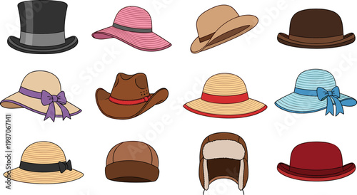 Vector Illustration of Different Styles of Hats, Including Top Hats, Sun Hats, Cowboy Hats, and More for Fashion, Accessories, and Seasonal Designs