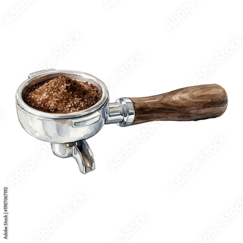 Close-up of a professional stainless steel espresso machine portafilter, filled with freshly ground coffee, isolated on a pristine white studio background, ready for brewing a delicious shot.