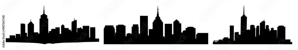 Fototapeta premium City skyline houses set with solid black icon on white background featuring line art, black and white illustration, minimalist with house and skyline