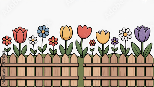 Cute Spring Flower Bed with Wooden Fence – Garden Border Clipart SVG Set