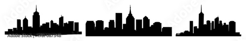 City skyline houses set with solid black icon on white background featuring line art, black and white illustration, minimalist with house and skyline