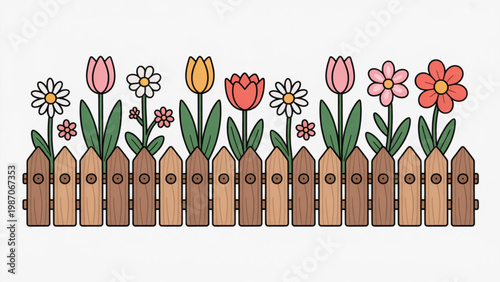 Cute Spring Flower Bed with Wooden Fence – Garden Border Clipart SVG Set