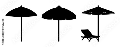 Beach umbrella icon set with solid black icon on white background featuring icon, beach umbrella, summer with vector and line art