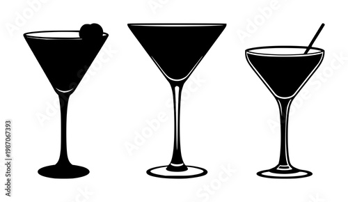 Cocktail glass icon set with solid black illustration on white background featuring line art, minimalist, icon with vector and graphics