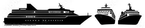 Cruise ship icons set with solid black silhouette against white background featuring cruise ship, nautical, sea with transport and travel