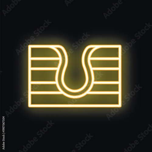 Yellow glowing neon line wastewater pipeline system icon isolated on black background. Vector