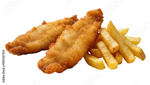 Photos Golden crispy fried fish fillets with thick cut french fries, isolated on transp