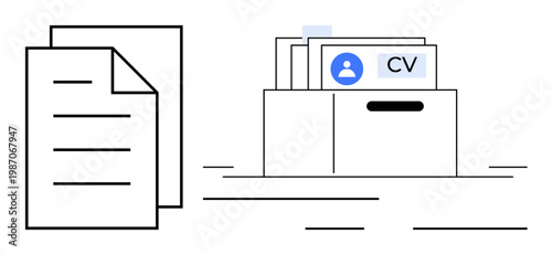 Job recruitment concept. Job applications ed with resumes and a CV in a box, emphasizing organized application processing. Perfect for HR, recruitment, staffing, and career services visuals