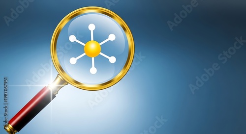 Magnifying Glass Inspecting a Network of Connected Dots, Symbolizing Data Analysis, Research, and Business Intelligence in a Modern Corporate Environment.