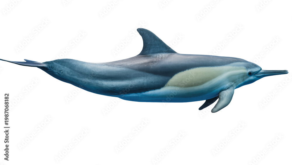 Fototapeta premium Blue and grey striped dolphin swimming, isolated on transparent background