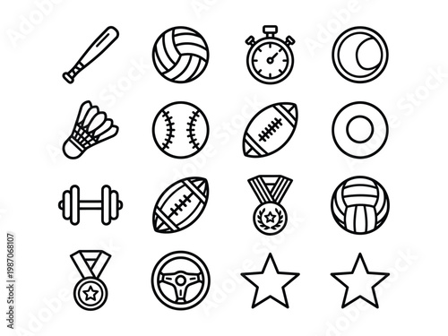 Comprehensive sports equipment and fitness line icons featuring various balls weights and awards exercise equipment baseball football volleyball stopwatch dumbbell shuttlecock badminton