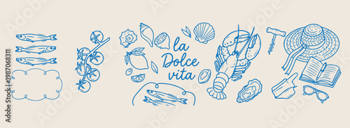 : la dolce vita seafood hand drawn illustration, blue line art lobster and seashell design, mediterranean lifestyle aesthetic graphic, creative nautical sketch art, modern decorative kitchen poster, v