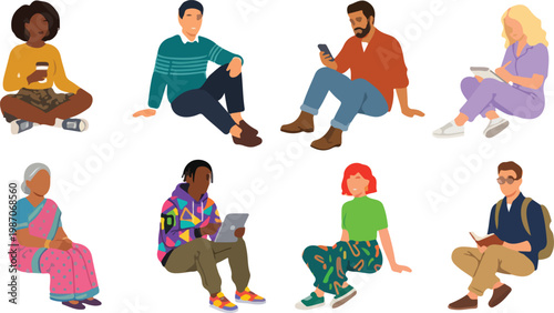 Diverse group of people sitting on floor in relaxed poses using electronic gadgets reading books drawing and drinking coffee isolated on white.