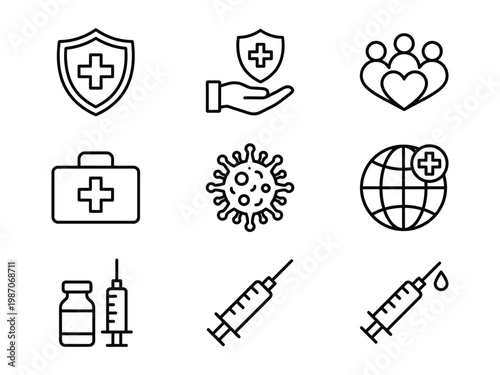 Medical and healthcare prevention icon set featuring vaccination syringes first aid kit and virus protection symbols healthcare medicine protection injection community immunization sickness