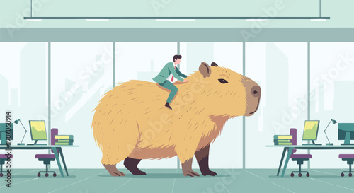 Man Riding Giant Capybara in Office Surreal Workplace Humor Illustration