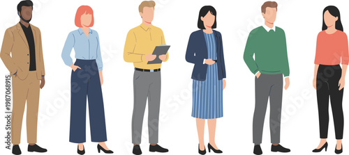 Cartoon people in professional and casual outfits representing workplace diversity and teamwork in vector illustration