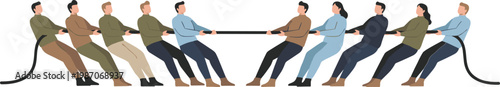 Cartoon people in tug‑of‑war competition representing teamwork, strength, and challenge in vector illustration