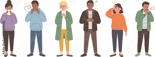 Cartoon people showing cold and flu symptoms like sneezing, coughing, fever, and headache in vector illustration
