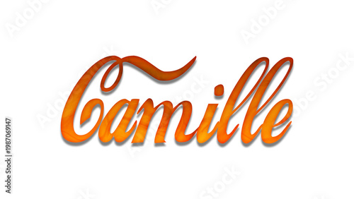 3D fire text effect of name Camille on white background.