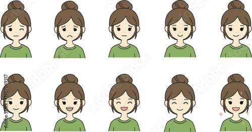Cartoon girl character with bun hairstyle showing diverse facial expressions and emotions in vector illustration
