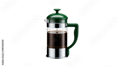 Cuadro en lienzo Green French press coffee maker with dark coffee, isolated on transparent backgr