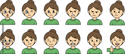 Cartoon girl character with bun hairstyle showing twelve diverse emotions and facial expressions in vector illustration