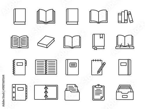 Educational book and stationery icon set including textbooks notebooks binders and office document storage tools with notebook textbook education learning literature document stationery