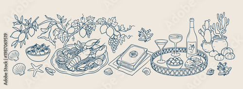 Mediterranean food and table setting vector, hand drawn rustic dining experience art, traditional Italian cuisine sketch elements, outdoor lunch garden party illustration, gourmet culinary lifestyle d