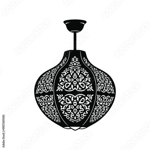 Black, hanging, ornate lantern, pendant light, decorative lamp, vector illustration
