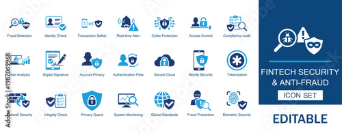 Fintech security and anti-fraud icons set. Includes digital identity, transaction and payment safety. Perfect for banking apps, online payments and tech developers.