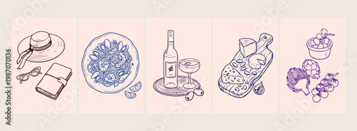 Italian pasta and wine vector, hand drawn traditional dining line art, mediterranean cuisine sketch elements, restaurant food and beverage illustration, gourmet dinner table drawing, authentic italian