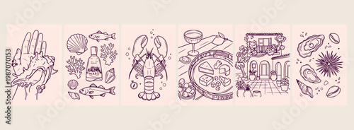 Lobster and wine dining vector, hand drawn seafood restaurant line art, gourmet meal table setting illustration, coastal luxury food sketch elements, traditional crustacean and drink drawing, aquatic 