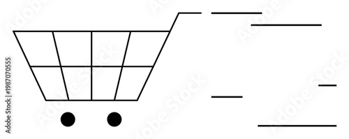 E-commerce, online shopping, retail promotions, delivery services, speed, efficiency. Minimalist graphic of a shopping cart with motion lines. E-commerce and online shopping